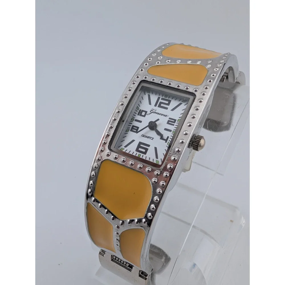 Geneva Enameled Cuff Bracelet Women's Watch 19mm Case Yellow/Silver- New Battery